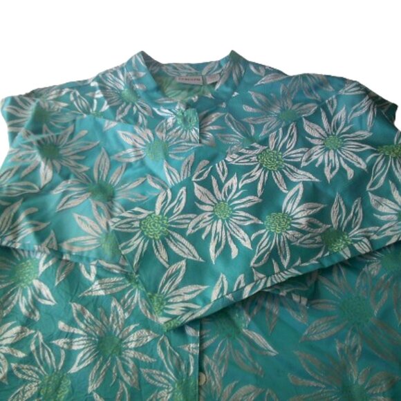 Chicos Mother of the Bride Floral Print Turquoise Silk Blend Jacket Top SZ 3 - Picture 6 of 9
